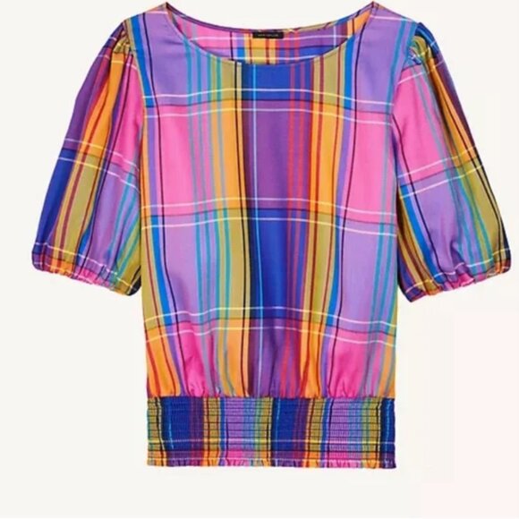 Ann Taylor Madras Plaid Smocked Hem Top - Picture 2 of 5